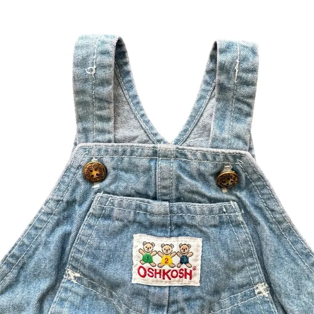 Vintage OshKosh B'Gosh Vestbak Denim Bubble Romper Teddy Bear Trim Size 12 M